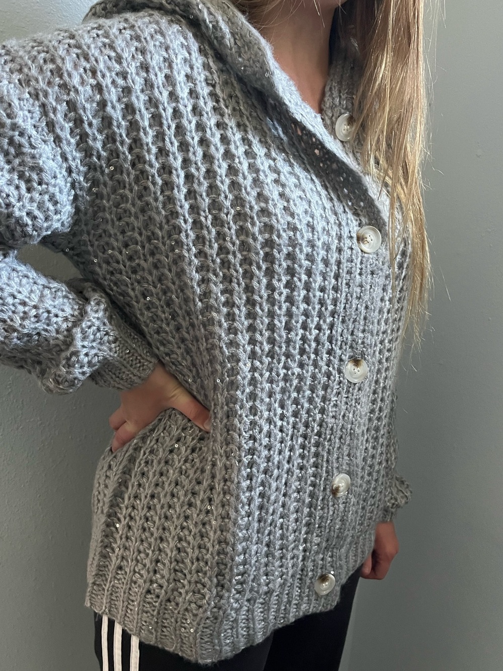 Sparkle Chunky Open Knit Gray Hoodie